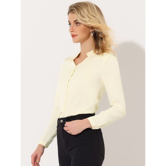 Blouse Button Up Long Sleeve V Neck Chiffon Shirt Beige - Picture 2 of 5